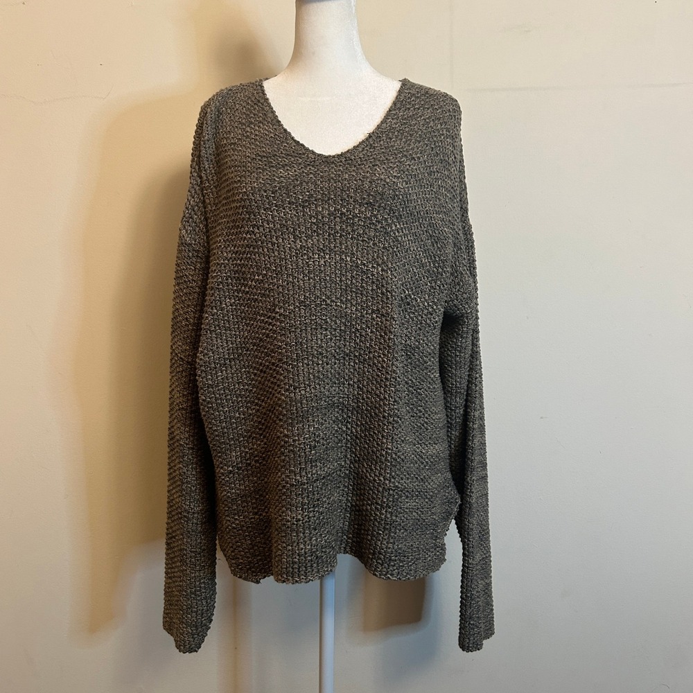 Natural Threads V-Neck Chunky Knit Cotton‎ Sweater Gray Oversized Goblincore
